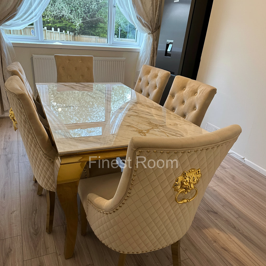 Kata Gold Louis Dining Table With Mink Gold LK Majestic Chairs