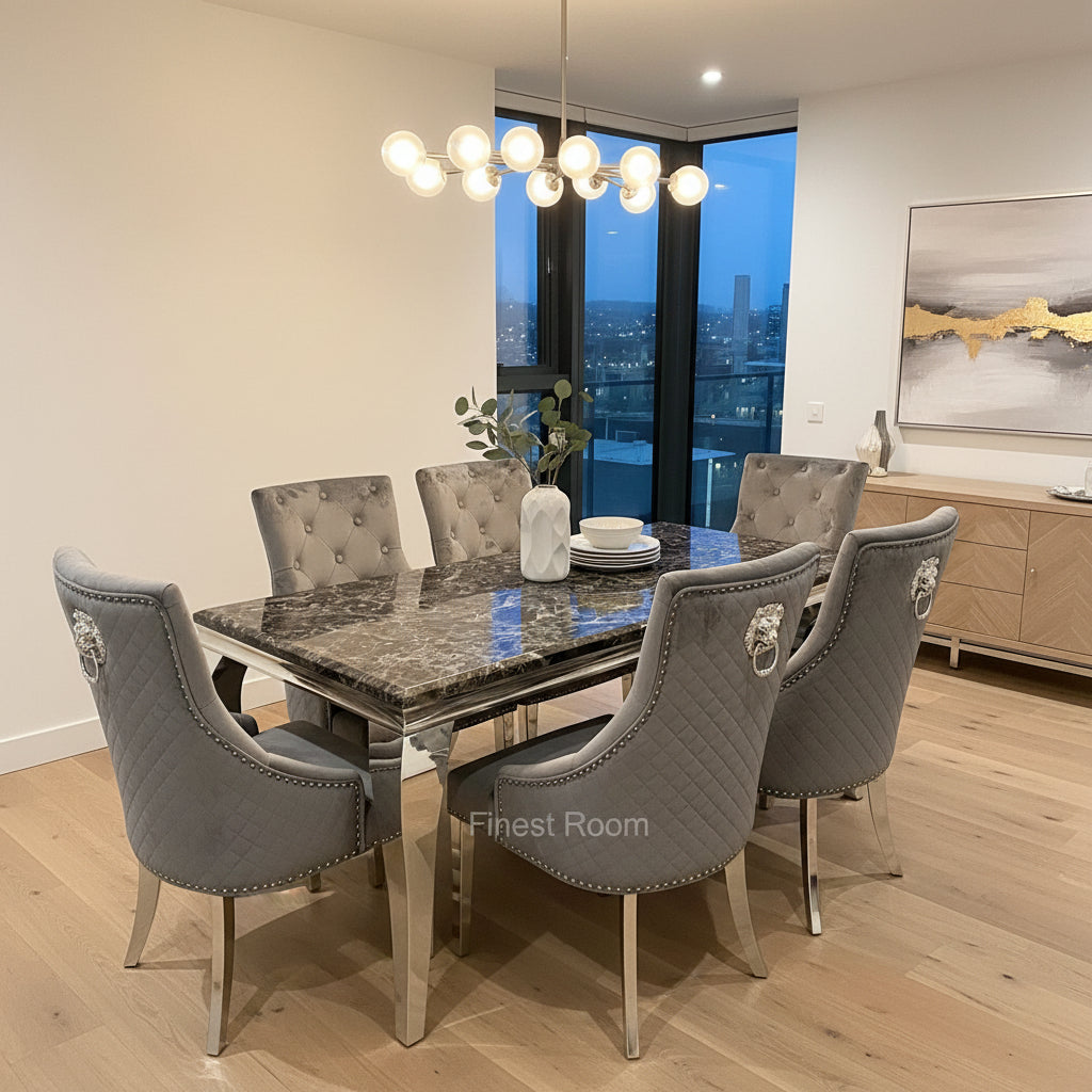 Black Louis Dining Table With Dark Grey Majestic Chairs