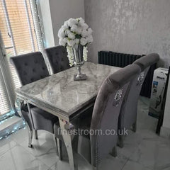 Grey Louis Chrome Dining Table with Dark Grey Sofia Chairs
