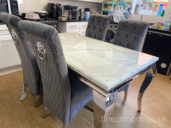 White Louis Dining Table With Dark Grey Sofia Chairs