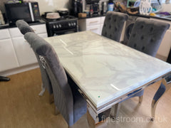White Louis Dining Table With Dark Grey Sofia Chairs
