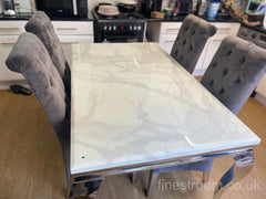 White Louis Dining Table With Dark Grey Sofia Chairs