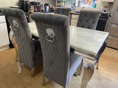 White Louis Dining Table With Dark Grey Sofia Chairs