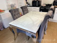 White Louis Dining Table With Dark Grey Sofia Chairs