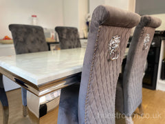 White Louis Dining Table With Dark Grey Sofia Chairs