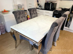 White Louis Dining Table With Dark Grey Sofia Chairs