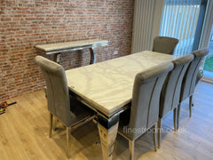 White Louis Dining Table With Light Grey Nicole Chairs & Bench