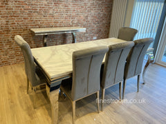 White Louis Dining Table With Light Grey Nicole Chairs & Bench