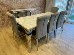 White Louis Dining Table With Light Grey Nicole Chairs & Bench
