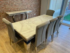 White Louis Dining Table With Light Grey Nicole Chairs & Bench