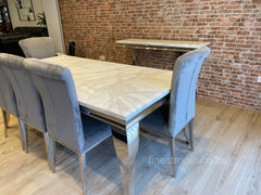 White Louis Dining Table With Light Grey Nicole Chairs & Bench