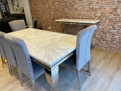 White Louis Dining Table With Light Grey Nicole Chairs & Bench