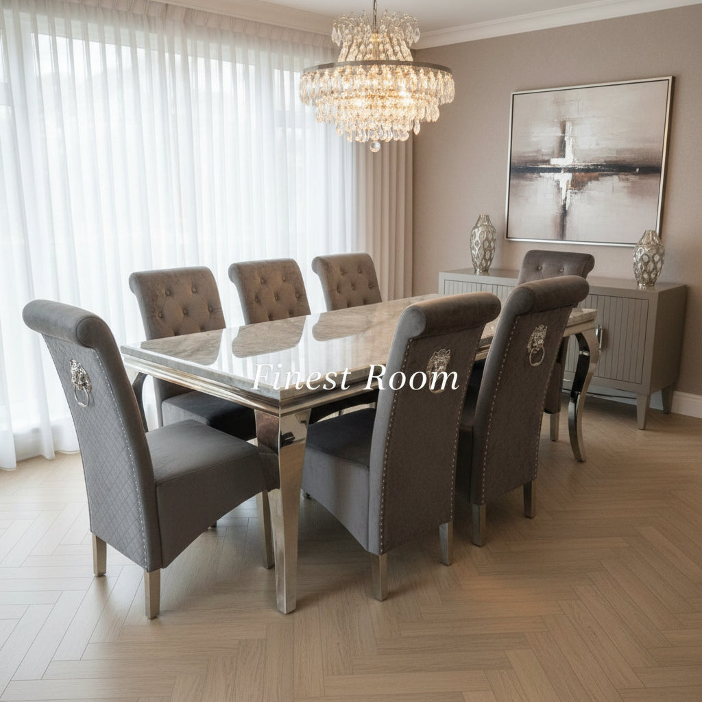 Grey Louis Chrome Dining Table with Dark Grey Sofia Chairs