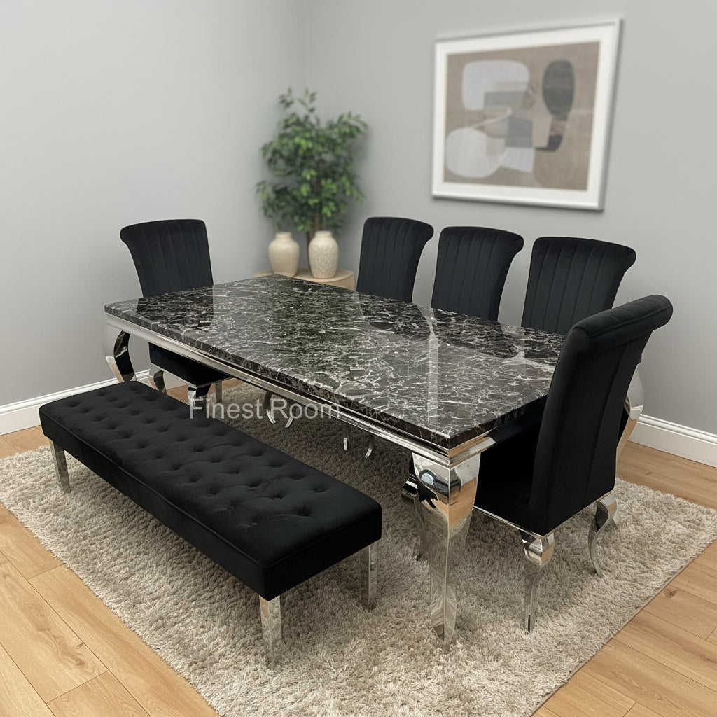 Black Louis Dining Table With Black Nicole Chairs & Majestic Bench