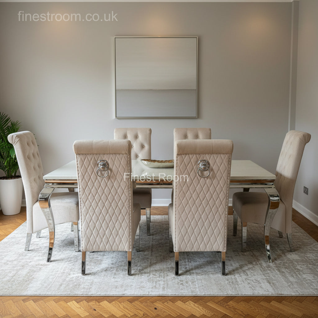 Cream Louis Chrome Dining Table with Mink Sofia Chairs