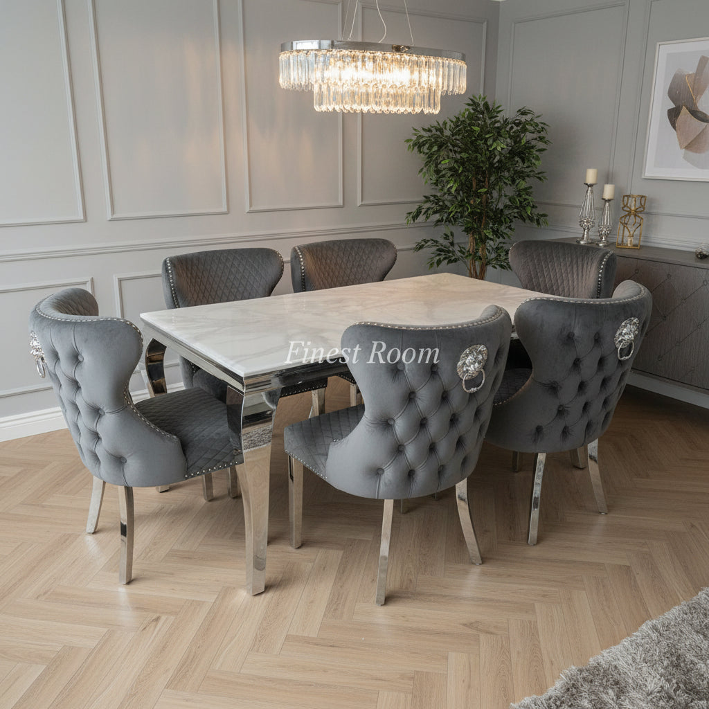 White Louis Dining Table with Dark Grey Valentino Chairs
