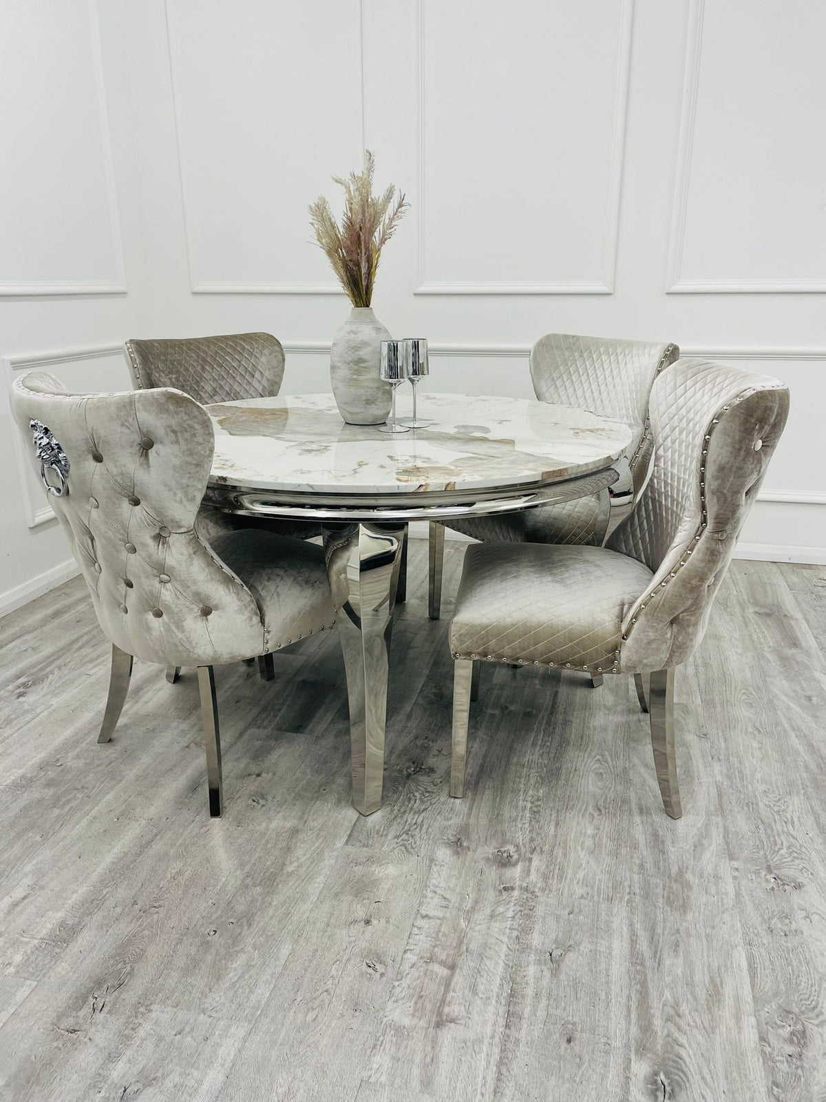 Pandora Gold Round Louis with 4 x Beige Shimmer Valentino Chairs - Finestroom