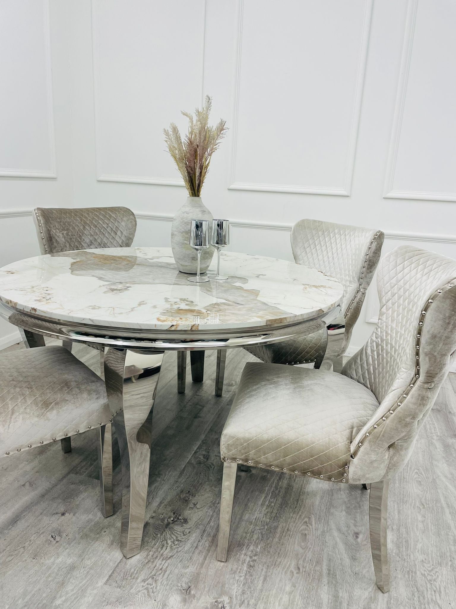 Pandora Gold Round Louis with 4 x Beige Shimmer Valentino Chairs - Finestroom