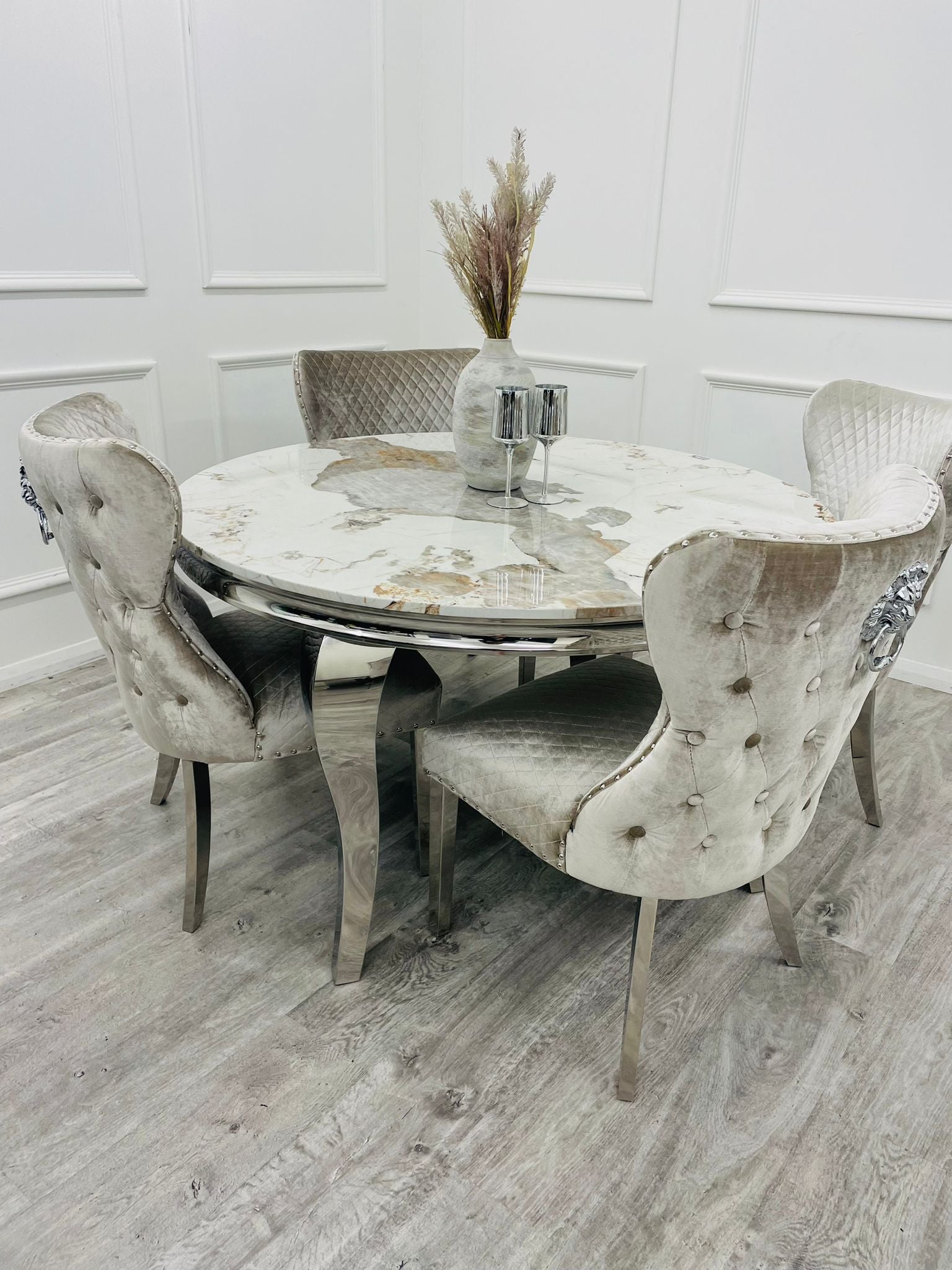 Pandora Gold Round Louis with 4 x Beige Shimmer Valentino Chairs - Finestroom
