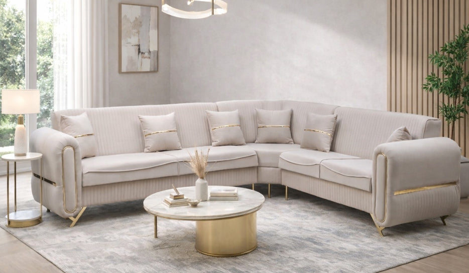 Oval Cream Gold Corner Sofa Set