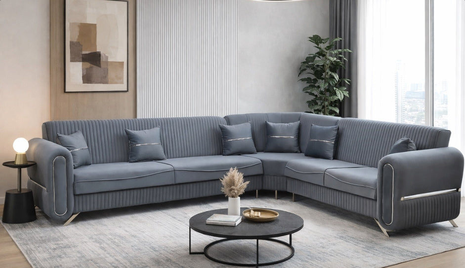 Oval Grey Silver Corner Sofa Set