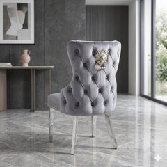 2 x Victoria Chrome Lion Knocker Chairs- Black Silver, Shimmer Silver