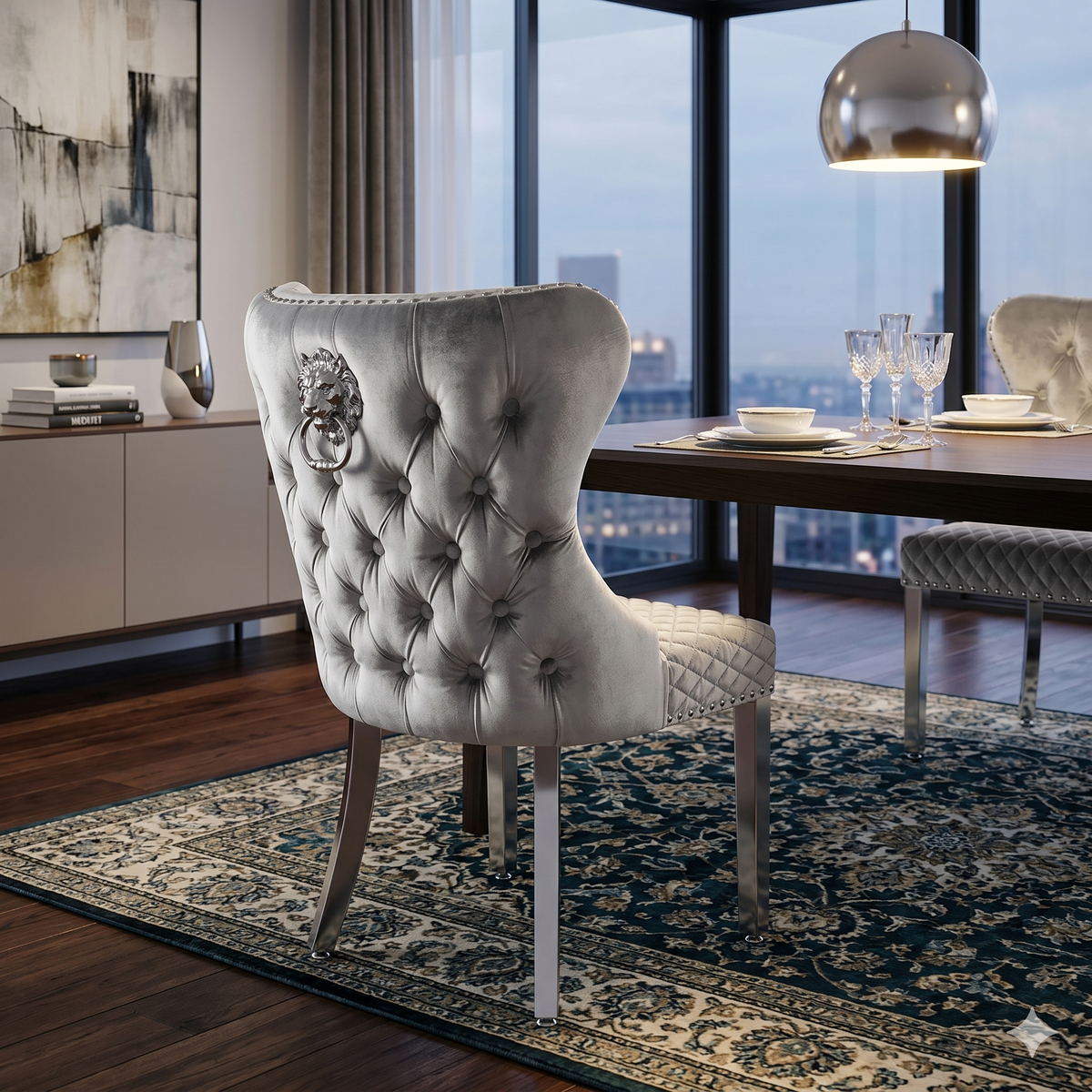 2 x Valentino Lion Knocker Dining Chairs- Silver, Black, Navy, Dark Grey, Mink