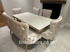 White Elina Gold Table with Victoria Cream Gold LK Chairs & High Back Bench