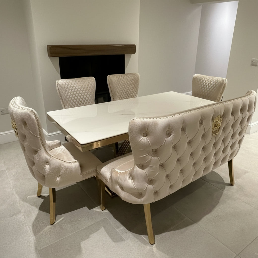 White Elina Gold Table with Victoria Cream Gold LK Chairs & High Back Bench