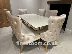 White Elina Gold Table with Victoria Cream Gold LK Chairs & High Back Bench
