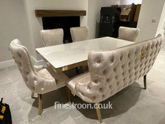 White Elina Gold Table with Victoria Cream Gold LK Chairs & High Back Bench