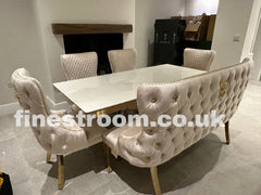 White Elina Gold Table with Victoria Cream Gold LK Chairs & High Back Bench