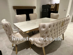 White Elina Gold Table with Victoria Cream Gold LK Chairs & High Back Bench