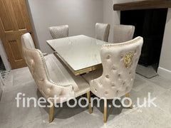 White Elina Gold Table with Victoria Cream Gold LK Chairs & High Back Bench