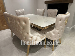 White Elina Gold Table with Victoria Cream Gold LK Chairs & High Back Bench