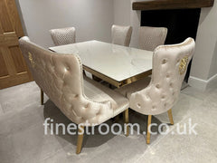 White Elina Gold Table with Victoria Cream Gold LK Chairs & High Back Bench