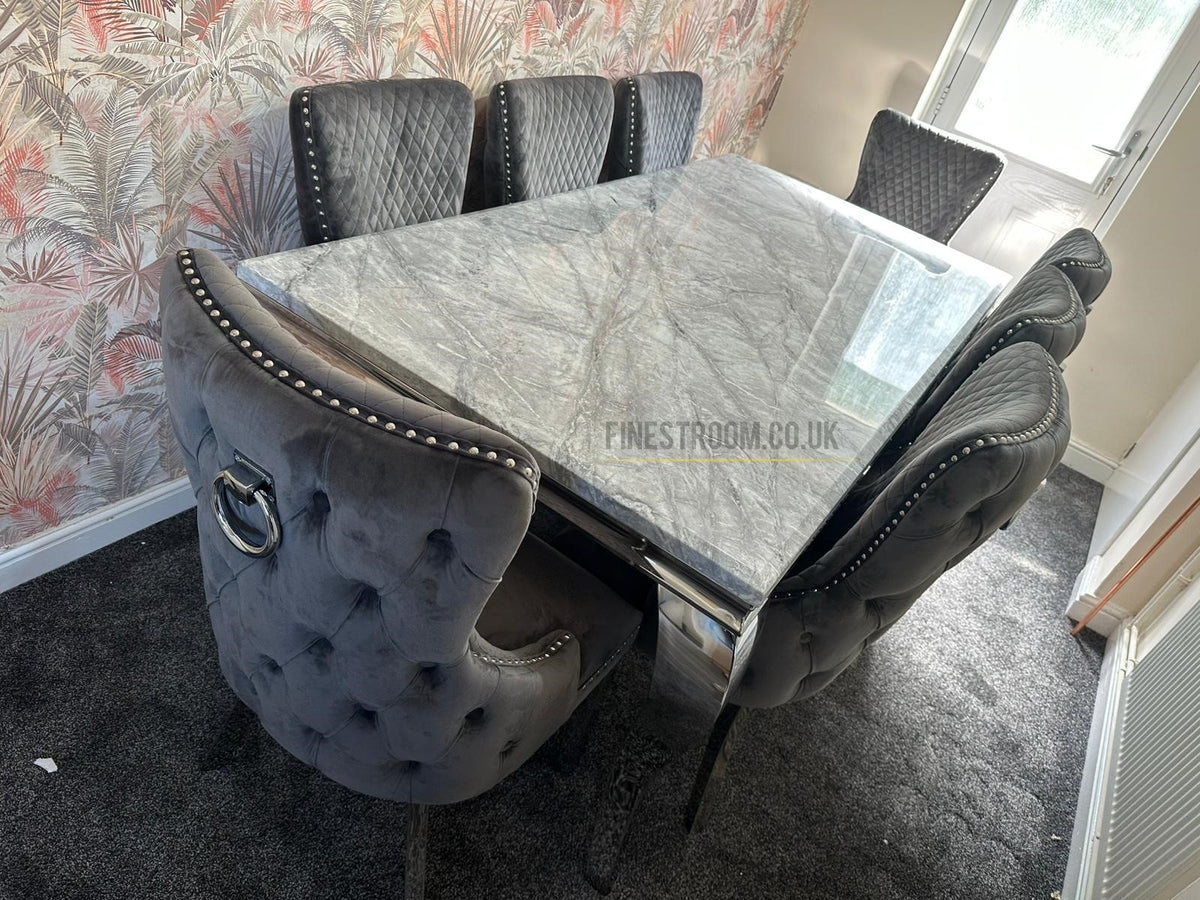 Grey Louis Dining Table With Dark Grey Victoria Ring Knocker Chairs