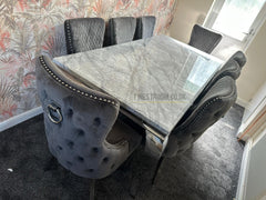 Grey Louis Dining Table With Dark Grey Victoria Ring Knocker Chairs