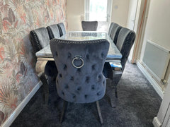 Grey Louis Dining Table With Dark Grey Victoria Ring Knocker Chairs