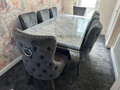 Grey Louis Dining Table With Dark Grey Victoria Ring Knocker Chairs