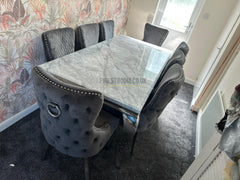 Grey Louis Dining Table With Dark Grey Victoria Ring Knocker Chairs