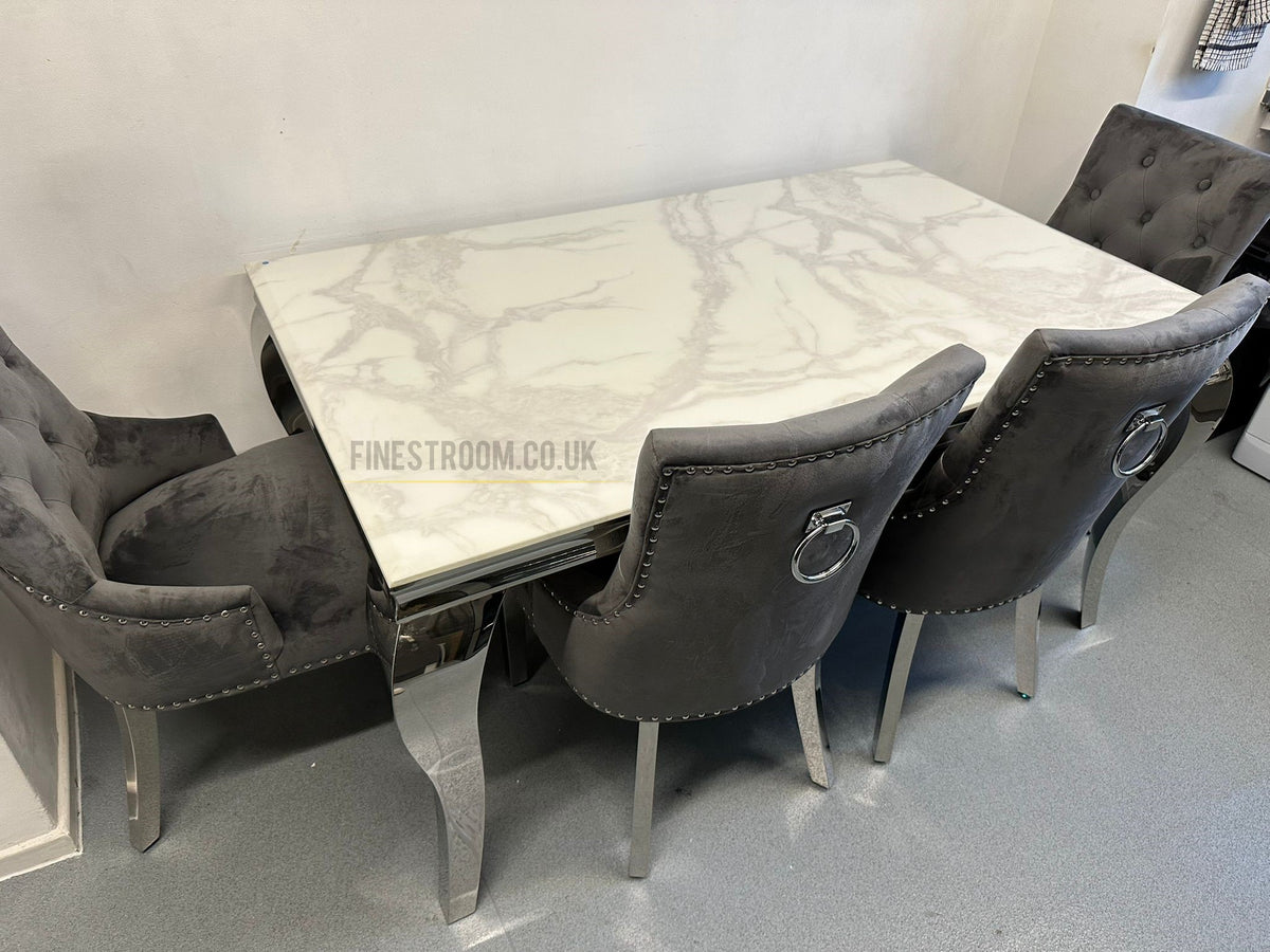 White Louis chrome Dining Table With Dark Grey Valencia Chairs