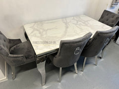 White Louis chrome Dining Table With Dark Grey Valencia Chairs