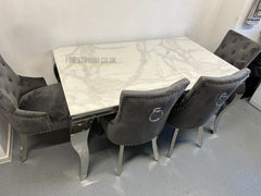 White Louis chrome Dining Table With Dark Grey Valencia Chairs