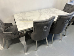 White Louis chrome Dining Table With Dark Grey Valencia Chairs