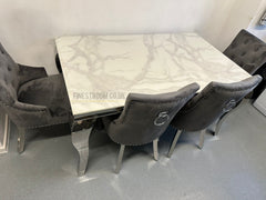 White Louis chrome Dining Table With Dark Grey Valencia Chairs