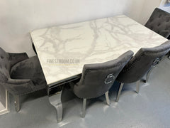 White Louis chrome Dining Table With Dark Grey Valencia Chairs