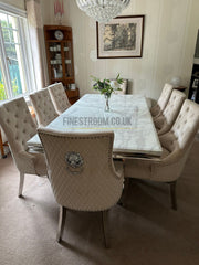 White Arial Dining Table With Mink Majestic Lion Knocker Chairs
