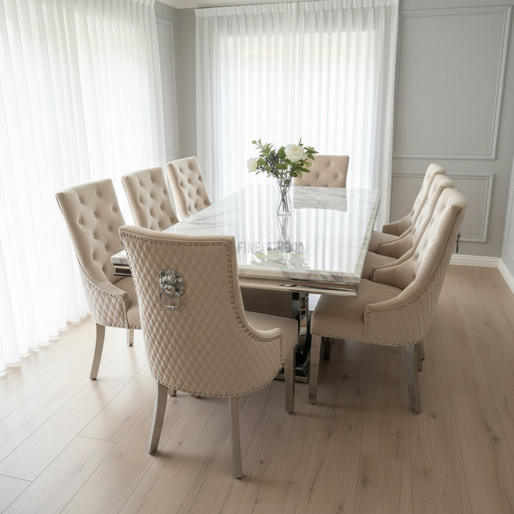 White Arial Dining Table With Mink Majestic Lion Knocker Chairs