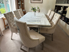 White Arial Dining Table With Mink Majestic Lion Knocker Chairs